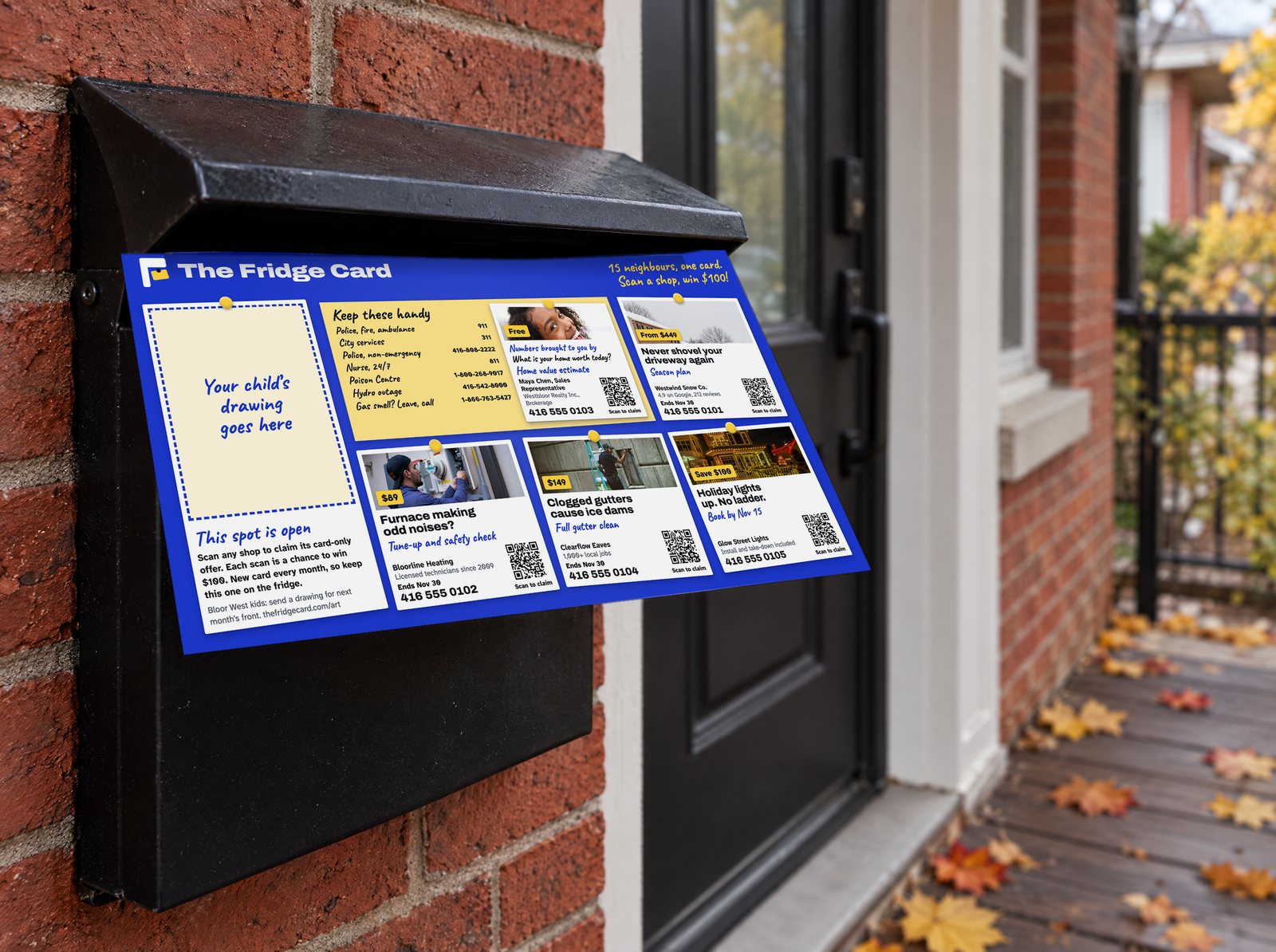 The Fridge Card sticking out of a mailbox on a red-brick Toronto porch in autumn