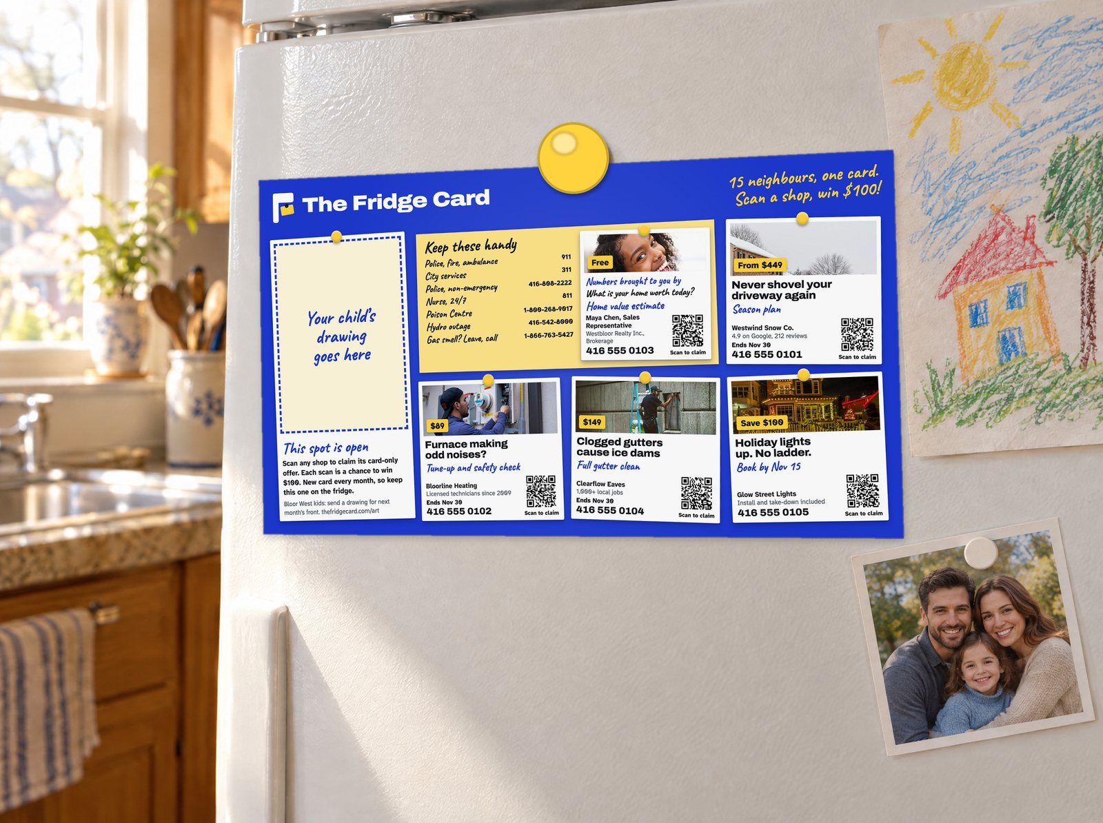 The Fridge Card held on a kitchen fridge by a magnet, next to a child's drawing