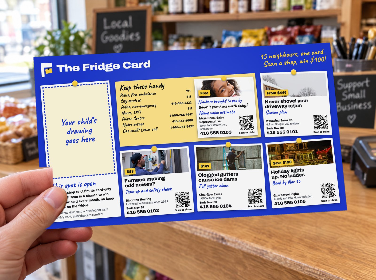 A hand holding The Fridge Card at a neighbourhood shop counter