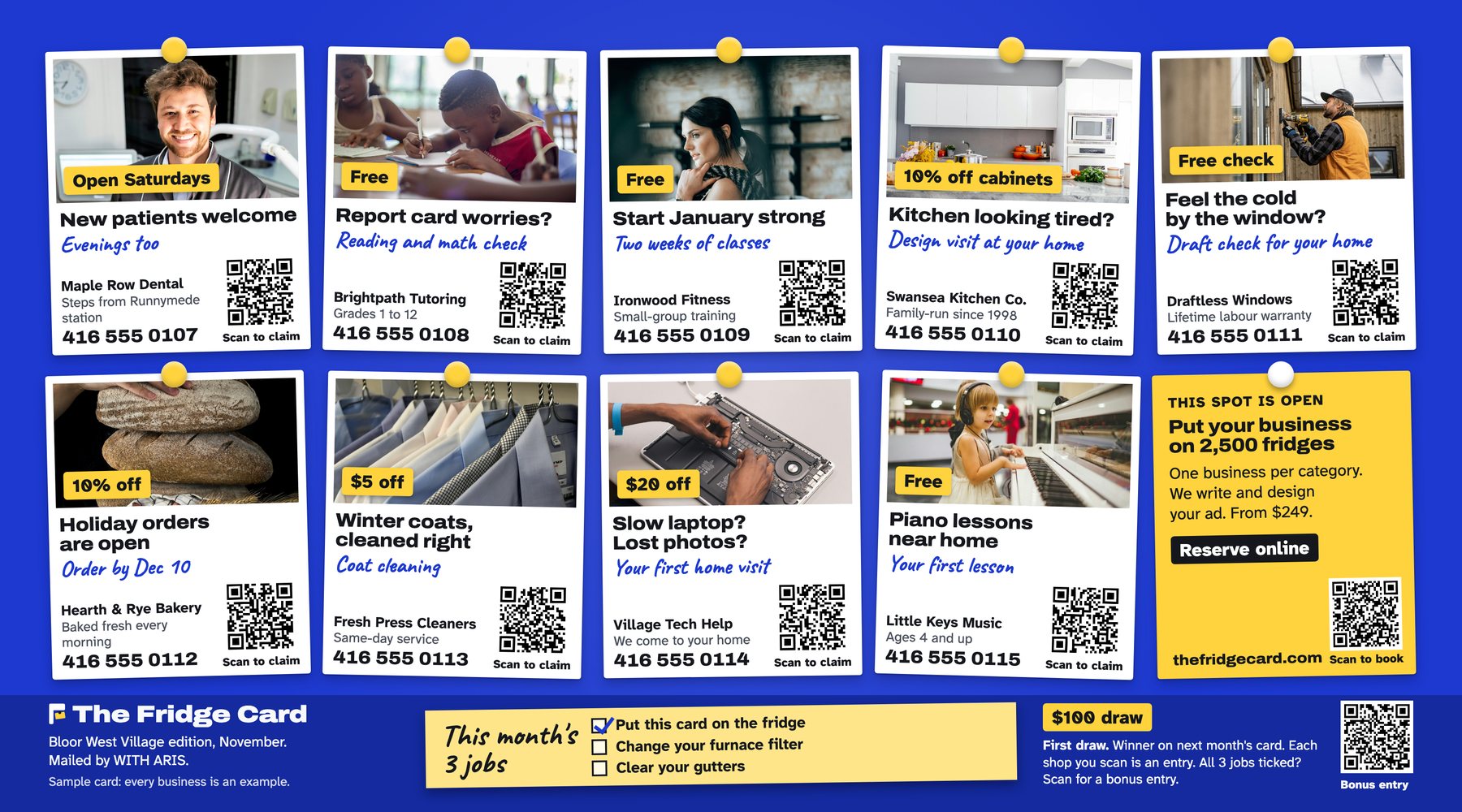 Back of the sample Fridge Card: ten local ads, including one open spot