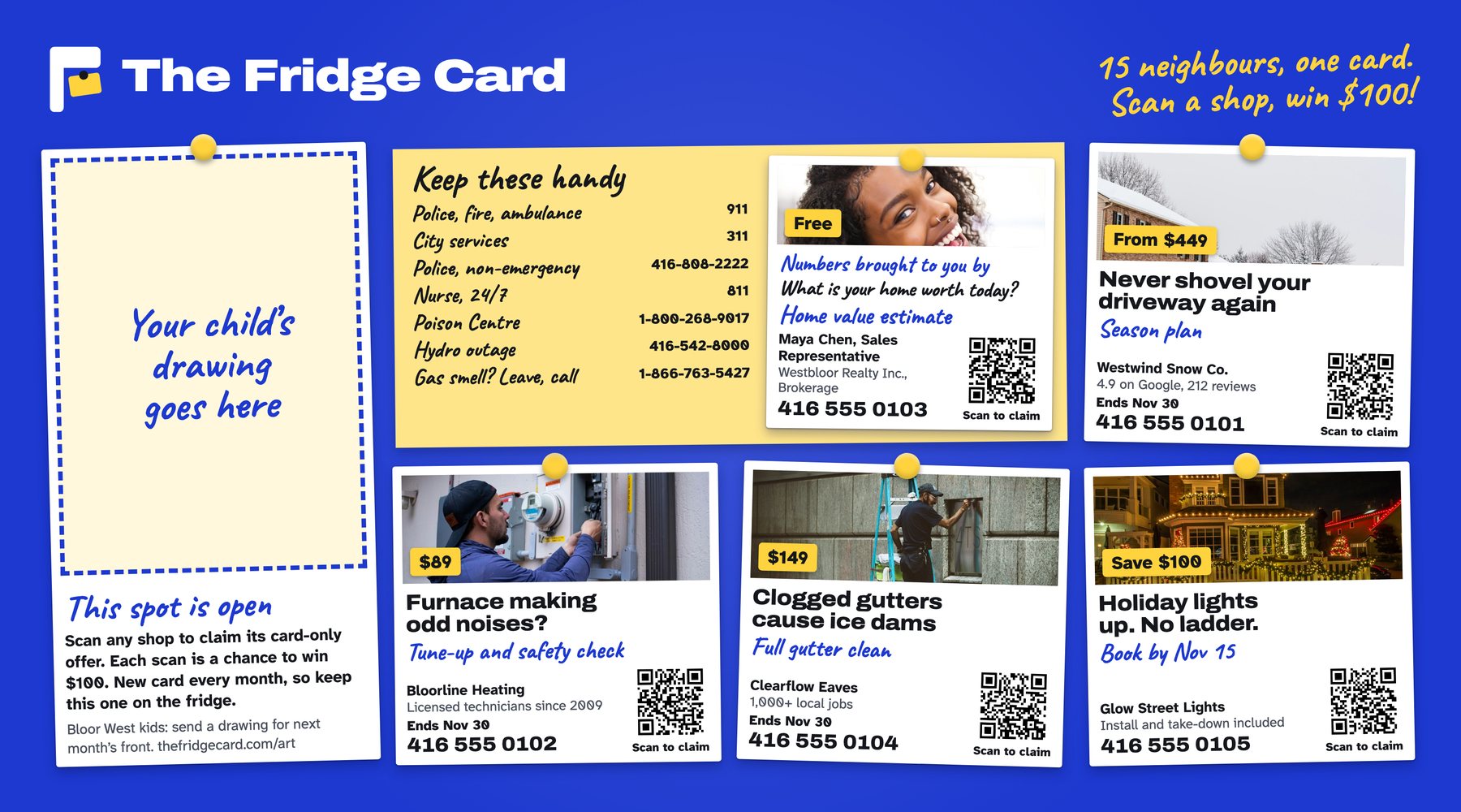 Front of the sample Fridge Card: cobalt blue with a street photo, five local ads and a yellow note of fridge numbers